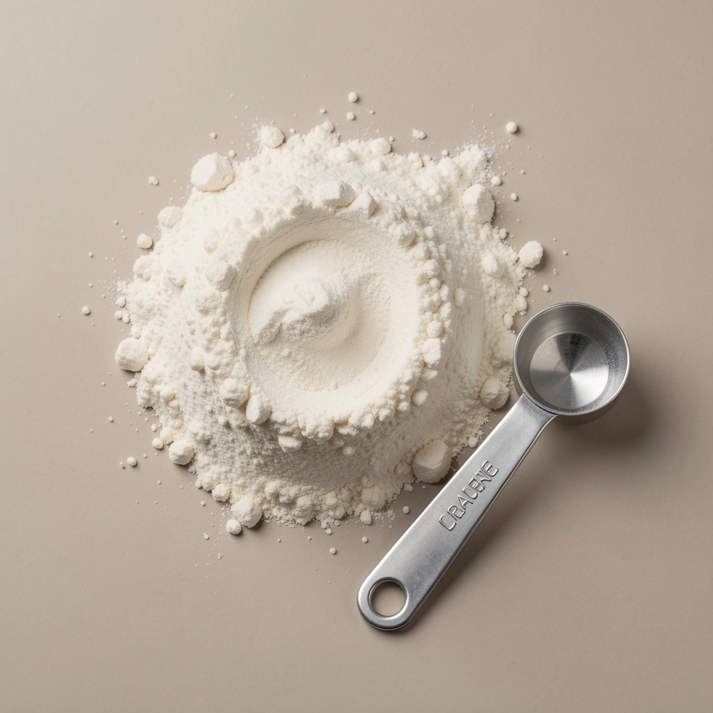 Creatine powder and measuring scoop on a neutral background, editorial flat lay composition