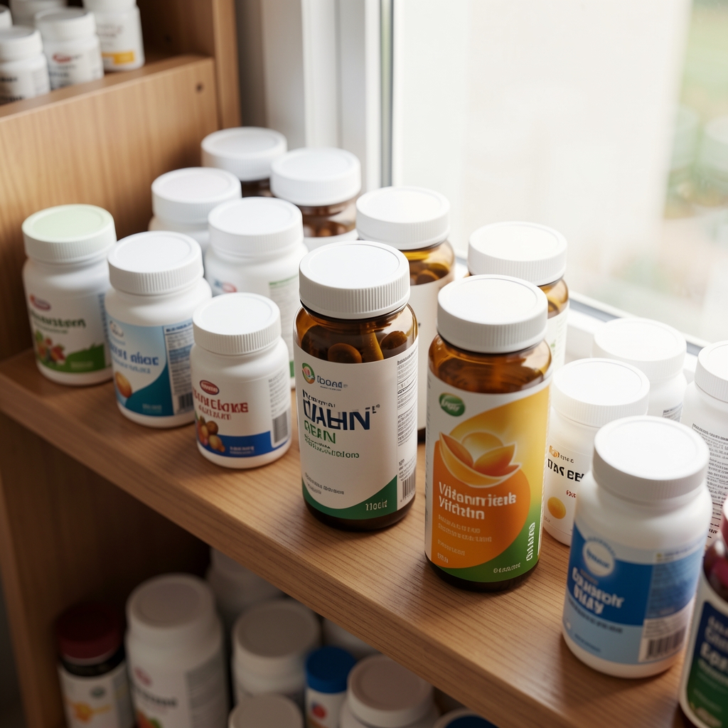 Close-up of vitamin containers on a shelf with natural window light, editorial overhead composition