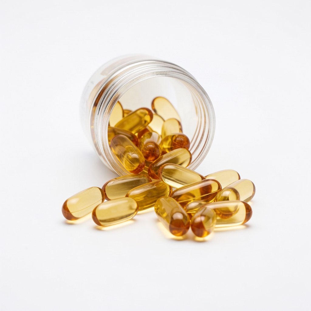 Omega-3 fish oil portions spilling onto a clean white surface in editorial studio lighting