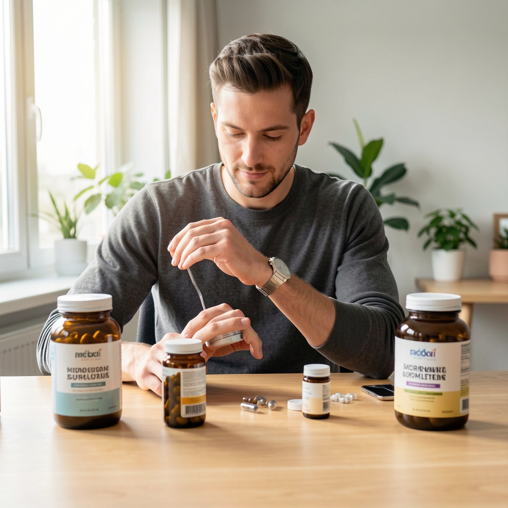Active man preparing a morning supplement routine at a clean wooden desk with natural light